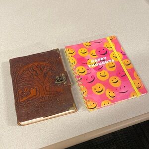 Two Journals Blank Notebooks Planners Tooled Leather + Smiley Faces